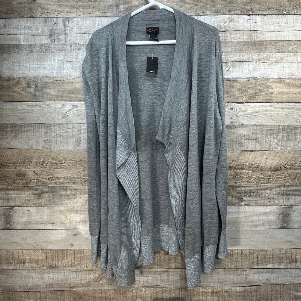 Torrid Womens NWT Grey Waterfall Cardigan Sweater Silver Metallic Trim Size 3
